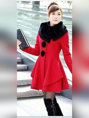 Elegant Red Women's Coat with Black Fur Collar